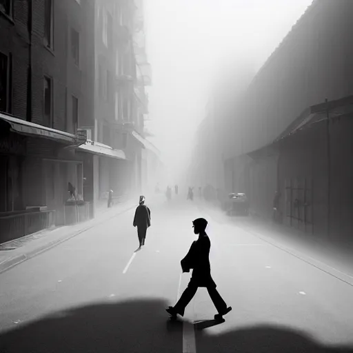 Prompt: people going to their office walking on wide side road,modern san francisco,misty morning with long shadows,fan ho photography