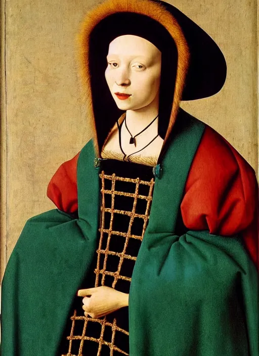 Prompt: portrait young woman young woman in renaissance dress and hat, art by jan van eyck,