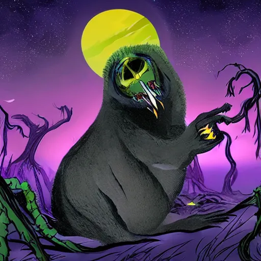 Prompt: a giant bat monster eating a baby harp seal, dark alien world with deep purple and green vines, swamp, genndy tartakovsky, primal, scary lighting, clear focus, very coherent