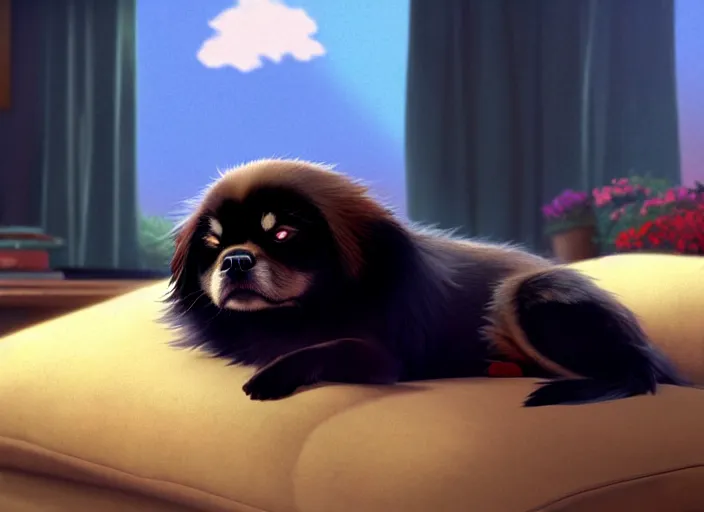 Prompt: a wholesome animation key shot of a black tibetan spaniel, sleeping on a leather couch, studio ghibli, pixar and disney animation, sharp, rendered in unreal engine 5, anime key art by greg rutkowski, bloom, dramatic lighting