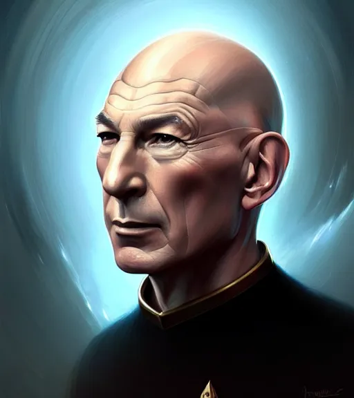 Image similar to portrait of Jean Luc Picard, intricate, elegant, highly detailed, centered, digital painting, artstation, concept art, smooth, sharp focus, illustration, by Peter Mohrbacher, WLOP