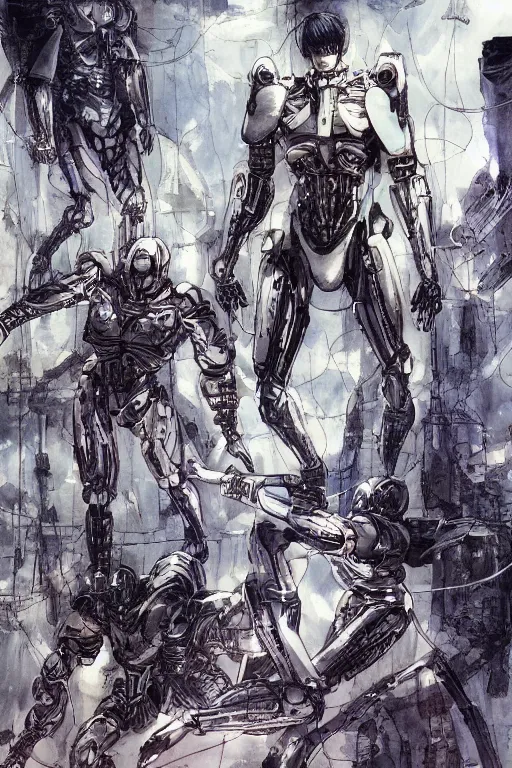 Image similar to god arc soldiers in crynet nanosuit with biological muscle augmentation, at dusk, a color illustration by tsutomu nihei, tetsuo hara and katsuhiro otomo