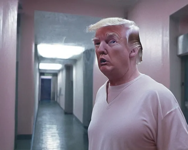 Image similar to establishing shot, film still of donald trump wearing orange prison pajamas locked up in an asylum, cinematic masterpiece, octane, dramatic lighting, very detailed