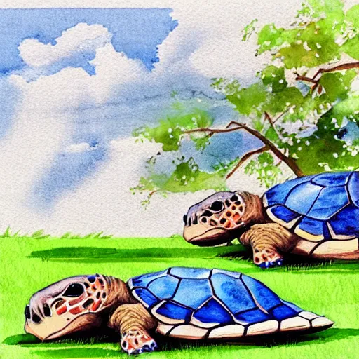 Prompt: Adorable turtles playing at the park in watercolor style