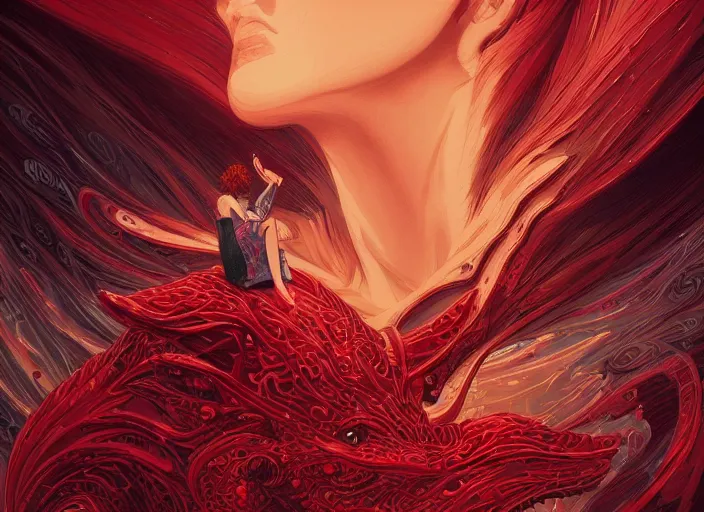 Image similar to woman loves and sit upon a scarlet coloured beast, pain, light effect, hyper detailed, intricate, elegant, highly detailed, digital painting, artstation, concept art, matte, sharp focus, illustration, by dan mumford, yusuke murata, makoto shinkai, ross tran