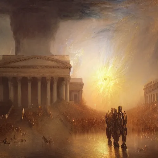 Image similar to highly detailed painting of alien androids attacking washington dc, by william turner, by greg rutkowski, by william constable, thick brush strokes and visible paint layers, 4 k resolution