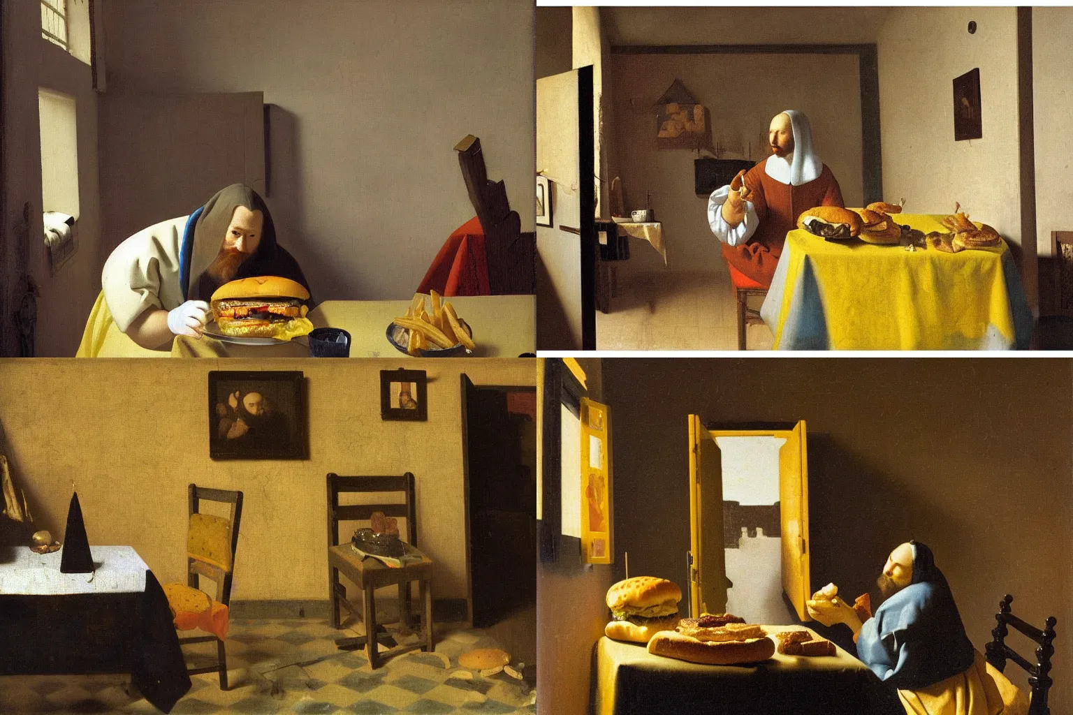 Prompt: a man eating a hamburger in his bedroom, painted by Johannes Vermeer