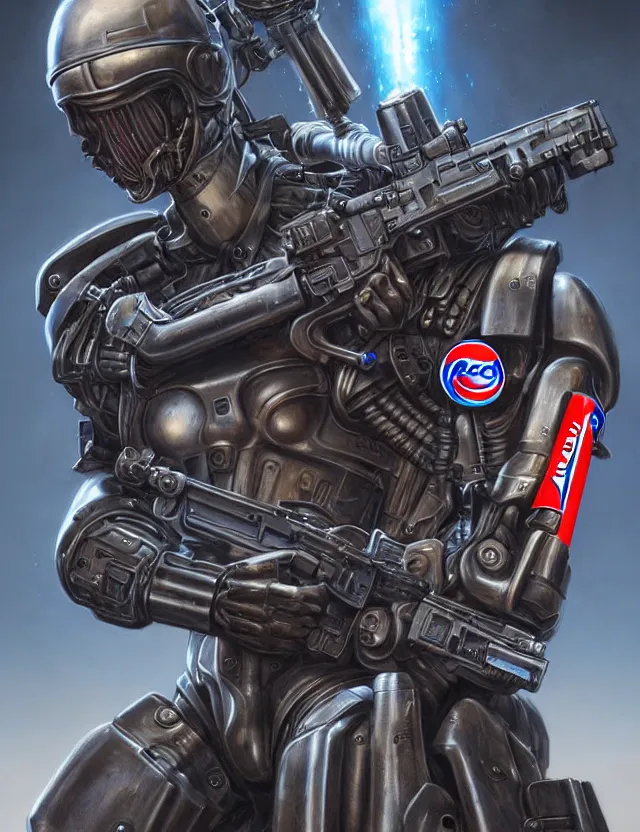 Image similar to a portrait of a tactical exoskeleton with miniguns painted with the pepsi logo, by moebius and tyler edlin and hr giger, trending on artstation, digital art, 4 k resolution, detailed, high quality, sharp focus, hq artwork, coherent, insane detail, concept art