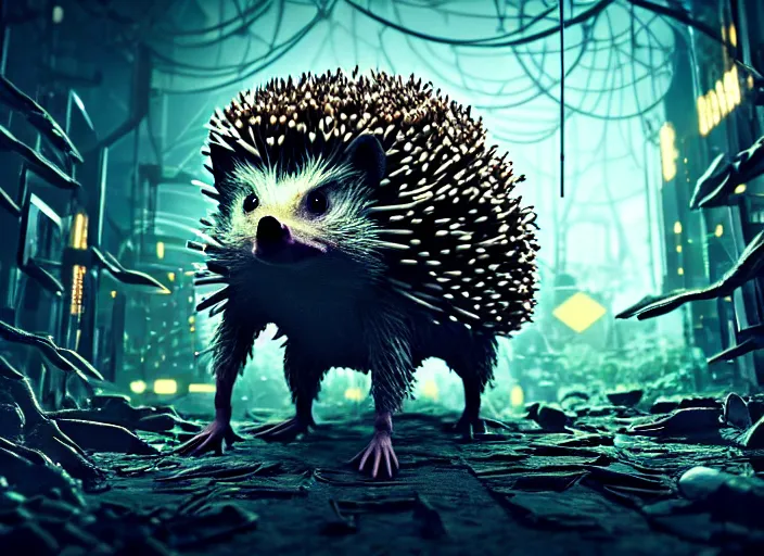 Image similar to portrait of a intricate humanoid hedgehog terminator, on the background of a weird magical mechanical forest. Very detailed 8k. Fantasy cyberpunk horror. Sharp. Cinematic post-processing. Unreal engine. Nanite. Ray tracing. Parallax. Tessellation