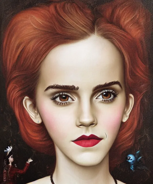 Prompt: portrait of Emma Watson in wonderland, lowbrow painting by Mark Ryden