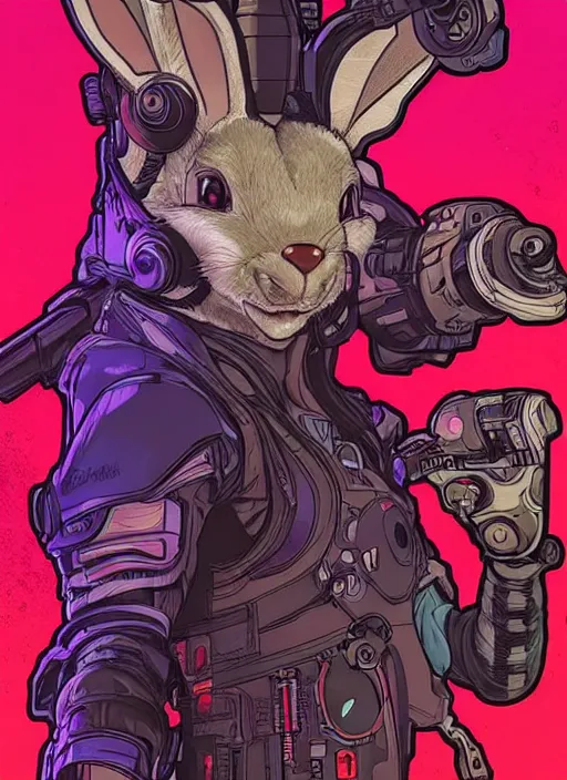 Image similar to cyberpunk buggs bunny. portrait by ashley wood and alphonse mucha and laurie greasley and josan gonzalez and james gurney. spliner cell, apex legends, rb 6 s, hl 2, d & d, cyberpunk 2 0 7 7. realistic face. vivid color. dystopian setting.