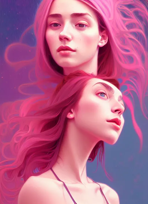 Image similar to handsome young women with shoulder length pink hair, half body shot, path traced, highly detailed, high quality, digital painting, alena aenami, lilia alvarado, shinji aramaki, karol bak, alphonse mucha, tom bagshaw