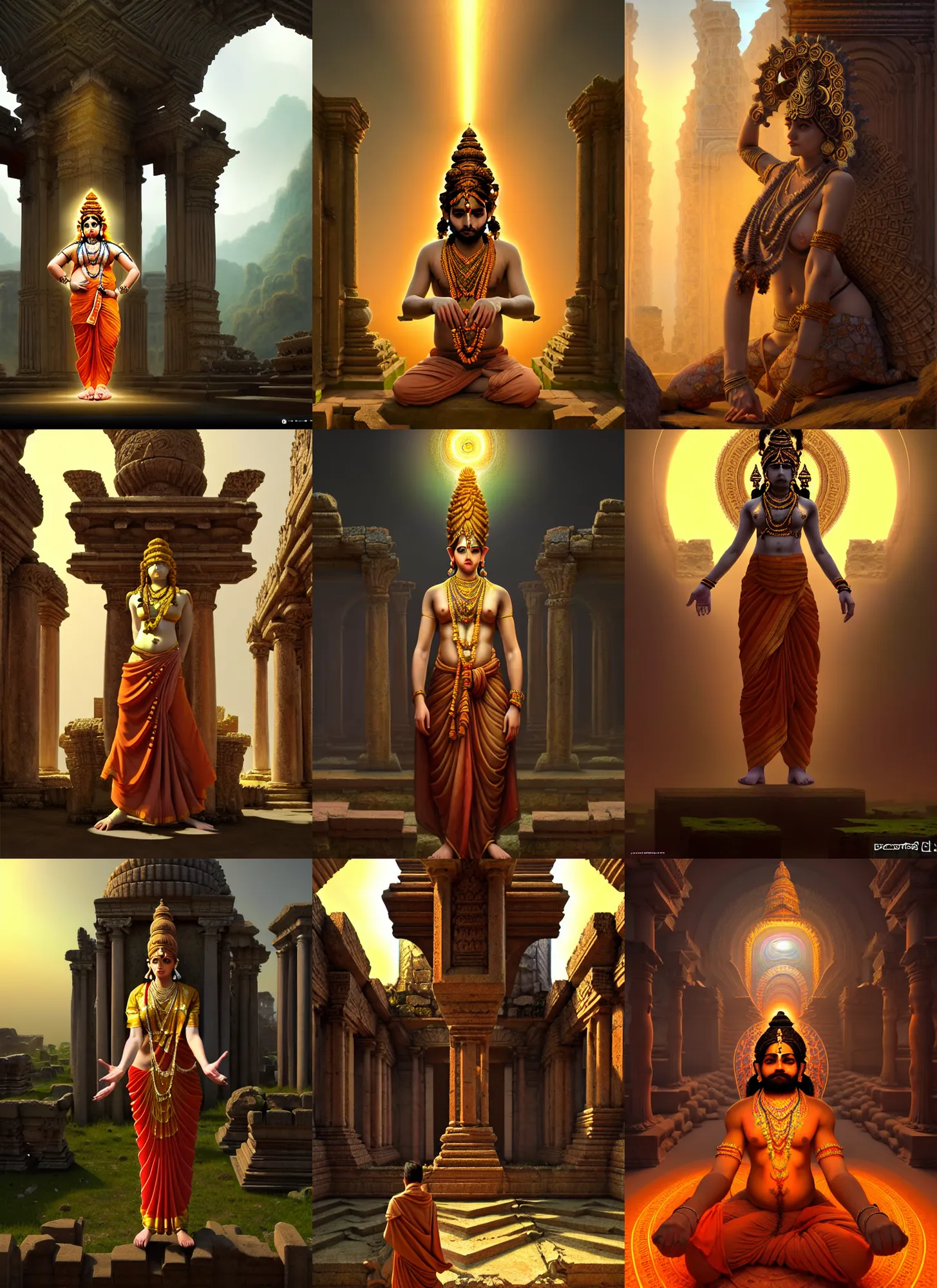 Prompt: costume design made for infinite hindu fractal gods, sophisticated composition, old masters light composition, procedurally generated, character posing for concept art, ancient ruins behind, substance designer, PBR, HD, Ultra detailed, hyperrealistic, megascans, volumetric light, concept by master artist, made in paint tool SAI2, trending pixiv face