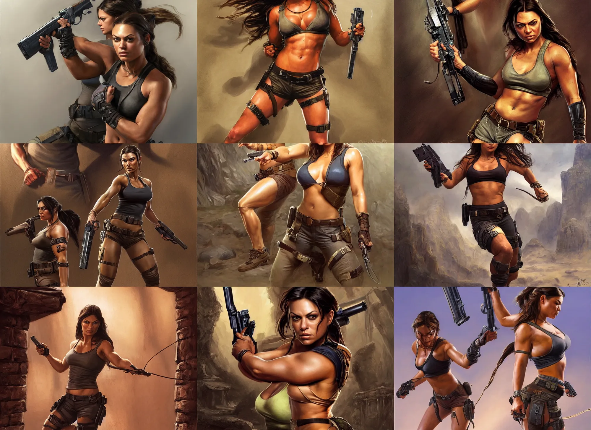 Image similar to portrait of very muscled Mila Kunis as Lara Croft with pistols drawn hiding from a few scary creepy mummies, elegant, highly detailed, centered, digital painting, artstation, concept art, artgerm, donato giancola, Joseph Christian Leyendecker, WLOP, Boris Vallejo, Artgerm