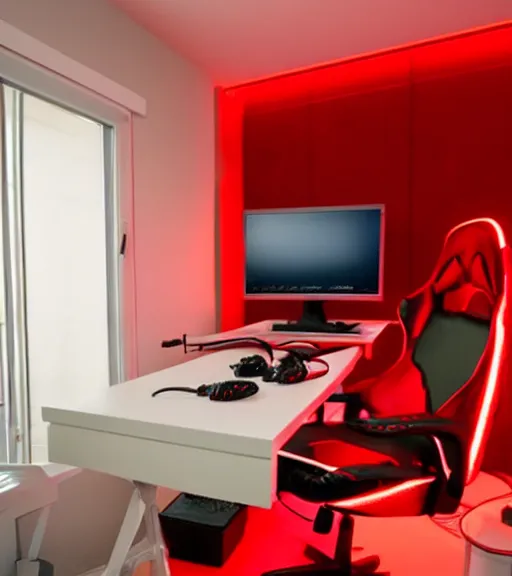 gamer room with a person, red led lights, gamer chair, Stable Diffusion