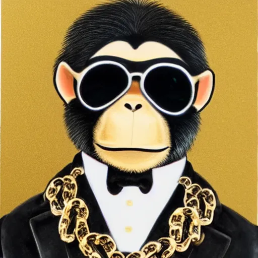 Image similar to a monkey wearing a nice black tuxedo and wearing shades and wearing gold chains around its neck, art deco, highly detailed, highly coherent, 8 k