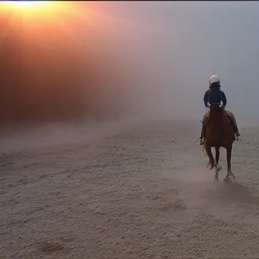 Prompt: horse jumping in heavy pyroclastic flow with dense fog and sun rays. wide angle lens. 4 k