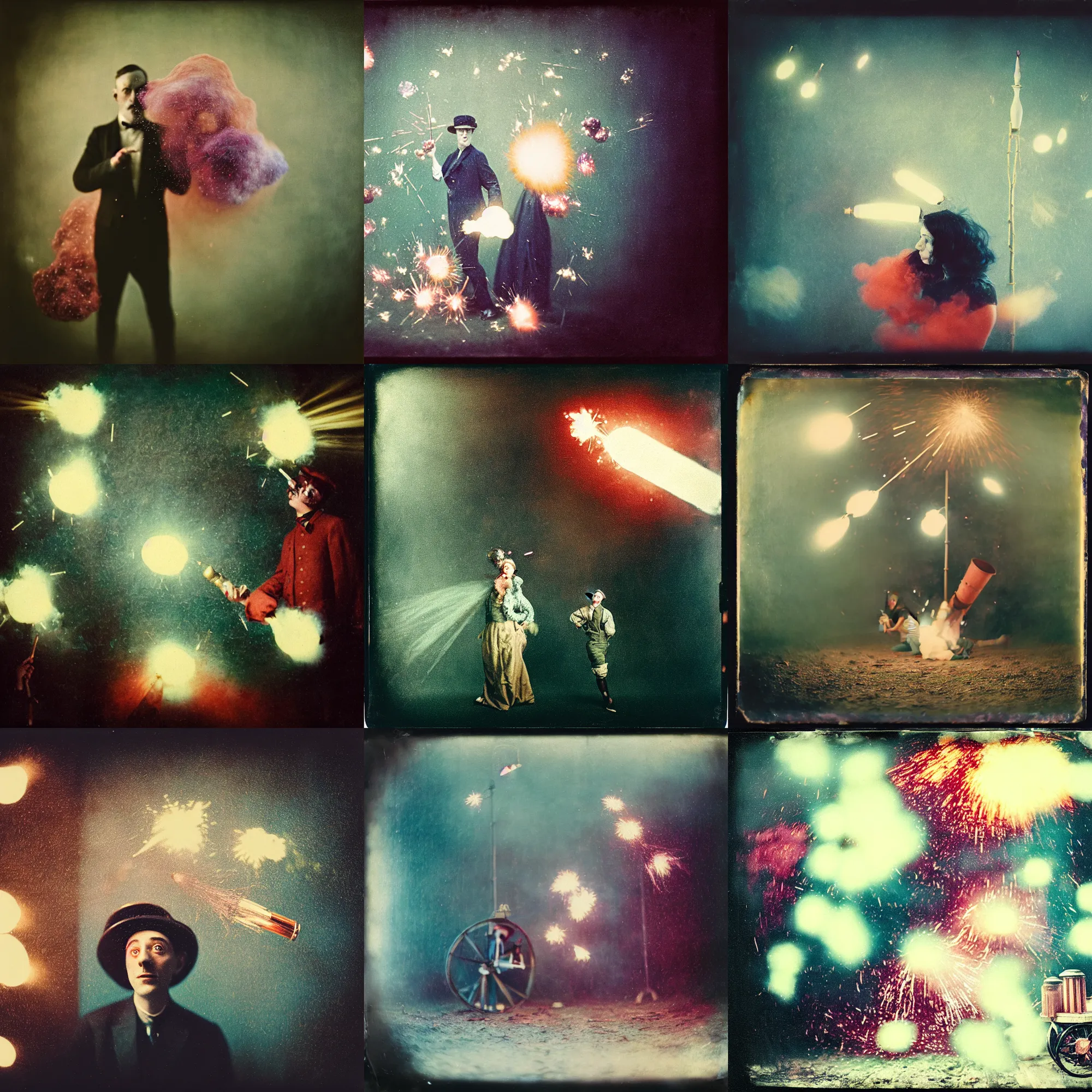 Image similar to kodak portra 4 0 0, wetplate, muted colours, blueberry, 1 9 1 0 s style, motion blur, portrait photo of a backdrop, explosions, rockets, sparkling, by georges melies and by britt marling