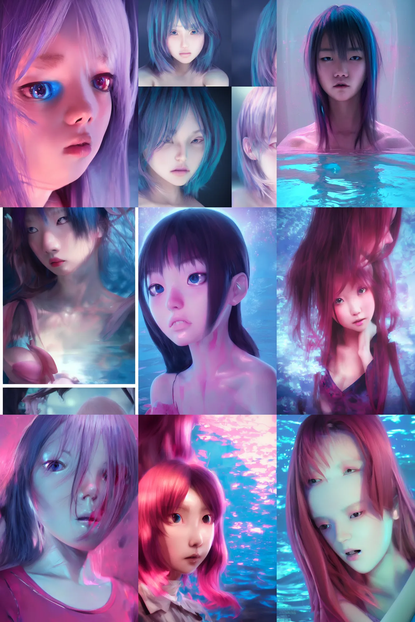 Prompt: 3d dark infrared octane render concept art by D. Jun, by Mo Xiang Tong Xiu, by Igarashi Daisuke, beauty portrait anime schoolgirl under dark pink and blue water. cute face. complex mirror room pool grid. dramatic light, trending on artstation.