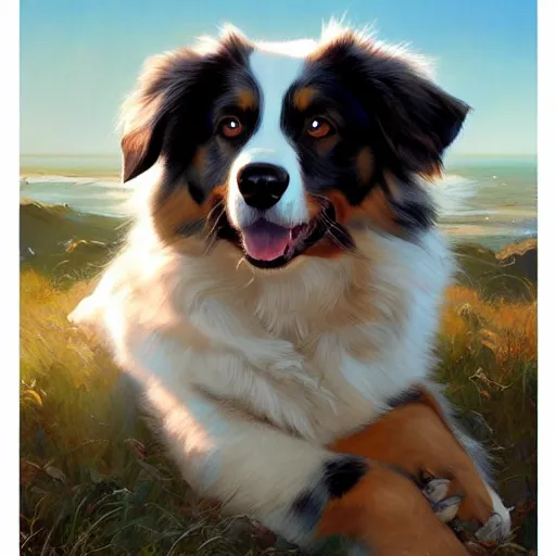 Prompt: australian shepherd, realistic shaded lighting poster by ilya kuvshinov katsuhiro otomo, magali villeneuve, artgerm, jeremy lipkin and michael garmash and rob rey