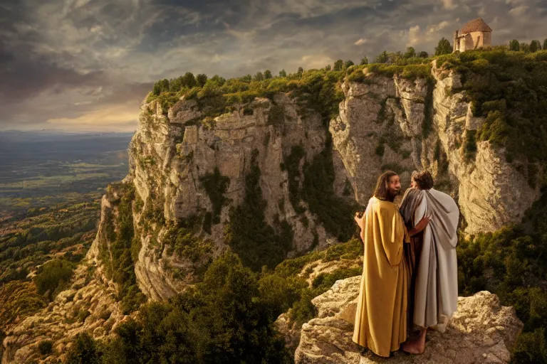 Image similar to a unique digital photo of a jesus and mary magdalene as man and wife standing on a cliff looking over a beautiful landscape in france, rennes - le - chateau, award winning photo, very detailed, very realistic cinematic