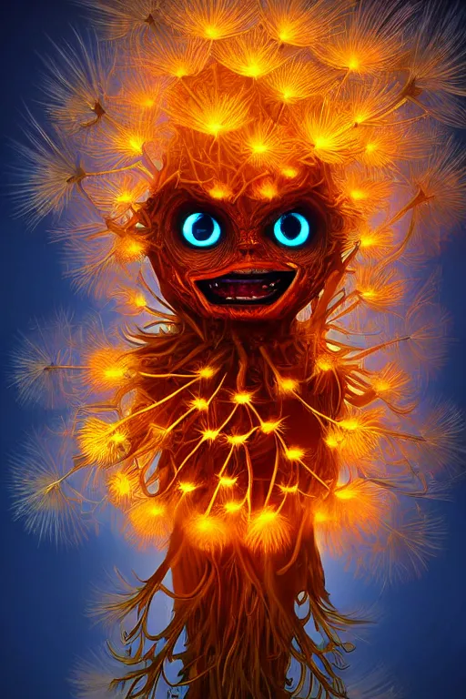 Prompt: a glowing humanoid figure dandelion monster with large glowing eyes, surrounded by blazing orange, highly detailed, digital art, sharp focus, trending on art station, artichoke, anime art style