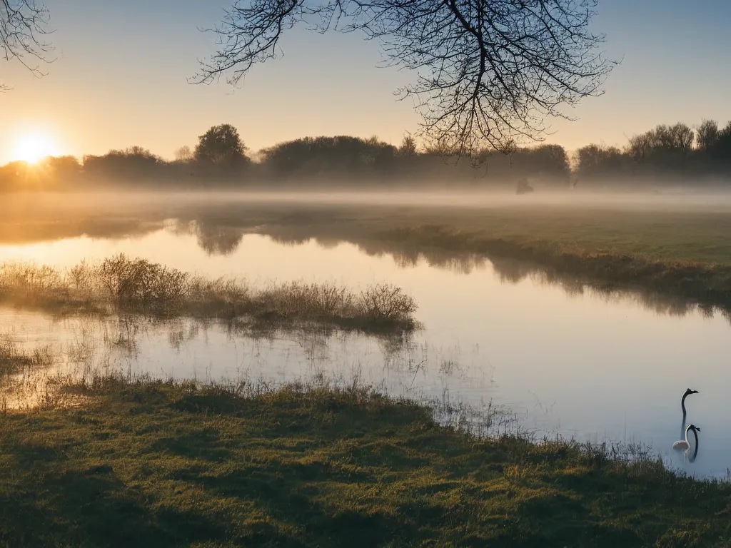 Image similar to A landscape photo taken by Kai Hornung of a river at dawn, misty, early morning sunlight, cold, chilly, two swans swim by, rural, English countryside