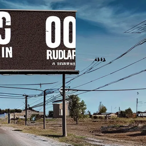 Prompt: a dystopian future image of a street in a rural town on a billboard in that same street in the present day. the picture on the billboard has the exact same viewpoint
