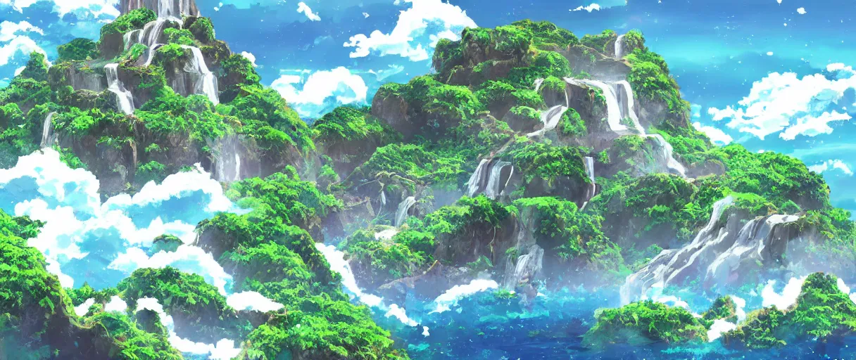 Image similar to a small crumbling island with waterfalls flowing off the island, floating in space, studio ghibli, digital art, detailed, depth of field