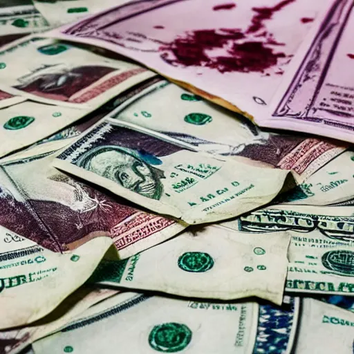 Prompt: money stained with wine on a white bed, photorealistic, detailed, dramatic