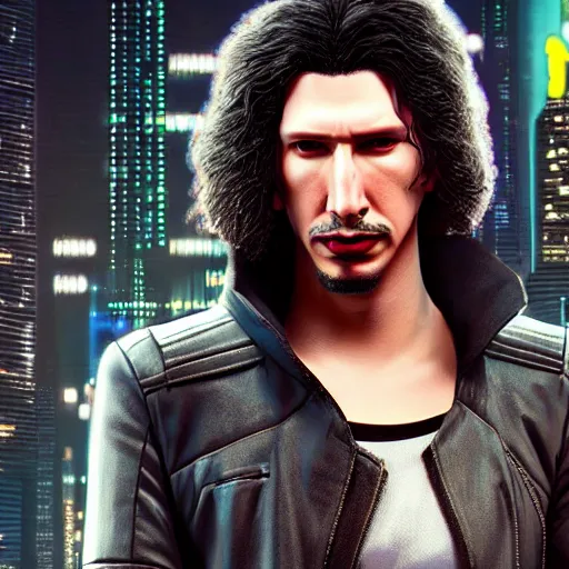 Prompt: Adam driver as a character in cyberpunk 2077