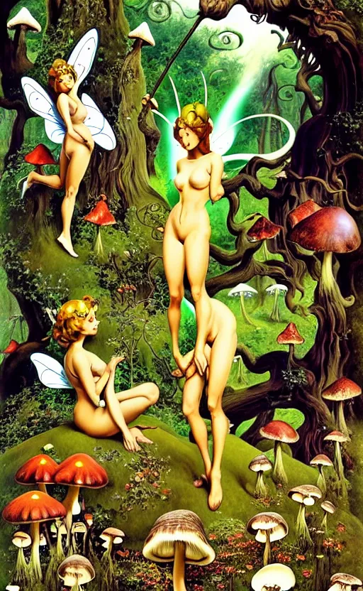 Image similar to fairies with detailed faces and true anatomy, enchanted forest, mushrooms on the ground, psychedelic, wide angle shot, white background, vector art, illustration by frank frazetta and salvador dali