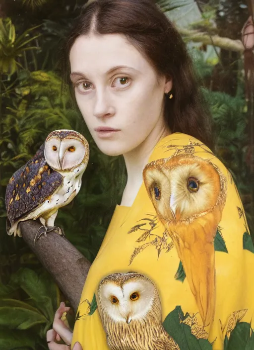 Prompt: Pre - raphaelit grainy head to shoulder portrait Polaroid film photograph of an elegant top model wearing a yellow kimono with a very detailed barn owl on her shoulder!!! in a tropical greenhouse. looking at the camera!!. super resolution. Extremely detailed. Polaroid 600 film.