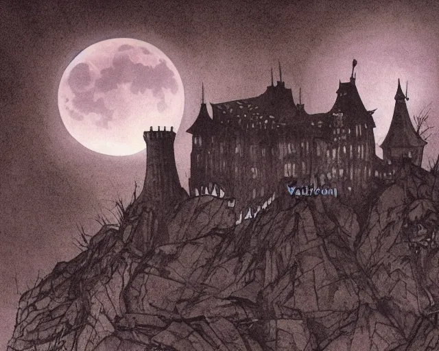 Prompt: dracula's castle rising up from the mist at night silhouetted by a single huge bloodmoon by dc comics, stunning, comic, pen and ink, slash page, highly detailed