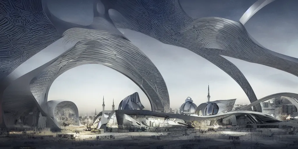 Image similar to Zaha Hadid city with Arabic letter on the sky and mosque and arch in baghdad in a Fantasy world and photo inspired by Where weird things happen by Daniele Gay on art station , le corbusier model on the ground inspired by Mining by Risa lin on art station