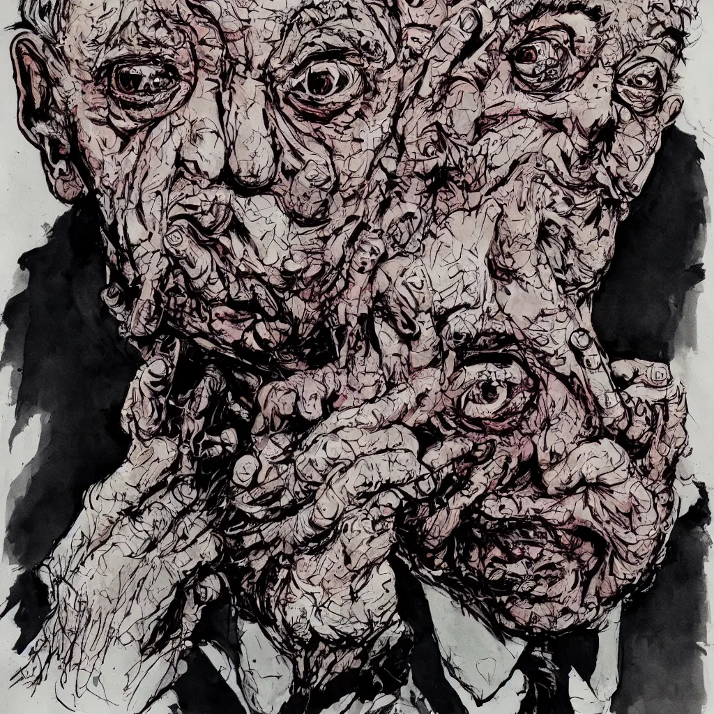 Image similar to George Soros by Ralph Steadman, illustration, body horror, biopunk, 8k , trending on artstation