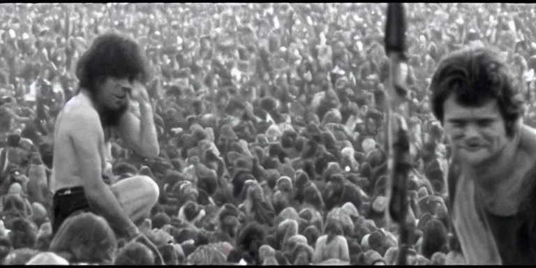 Prompt: photorealistic documentary style close macro up cinematography of denis wilson at the 1 9 6 9 woodstock festival shot on 1 6 mm eastman 7 2 5 4 film with a 6 5 mm cooke panchro macro lens shot at magic hour by cinematographers, malcolm hart, don lenzer, michael margetts, david myers, richard pearce, michael wadleigh