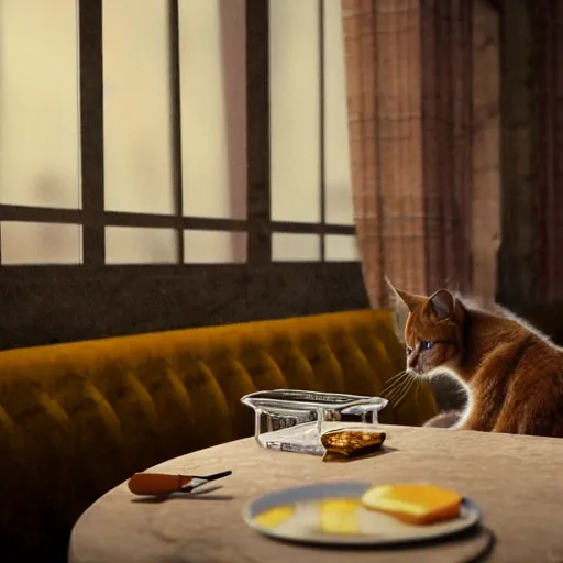 Image similar to brown cat with yellow eyes is sitting at table in a cafe at paris in early 2 0 th century. atmospheric feeling, warm colours, brown colours, yellow colours, epic scene, cinematic, very detailed, octane render