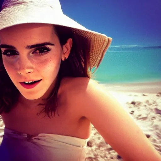Image similar to photo, close up, emma watson in a mini skirt, on a beach, android cameraphone, 2 6 mm