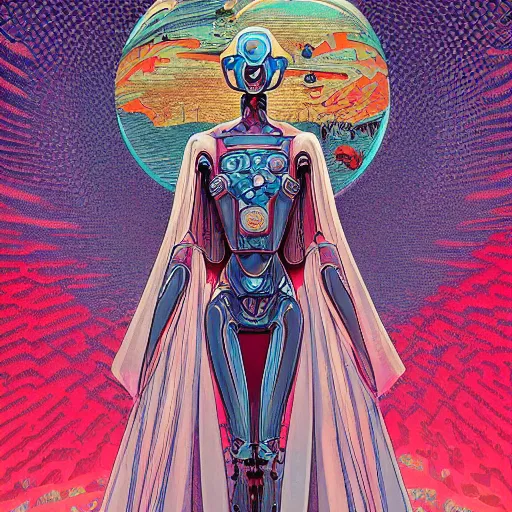Image similar to beautiful portrait of the mysterious organic robot, vogue cover, vogue poses, beautiful futuristicornamental cape, intricate, highly detailed, masterful, fantasy world, sci fi world, in the style of moebius, akira toriyama, jean giraud, 8 k