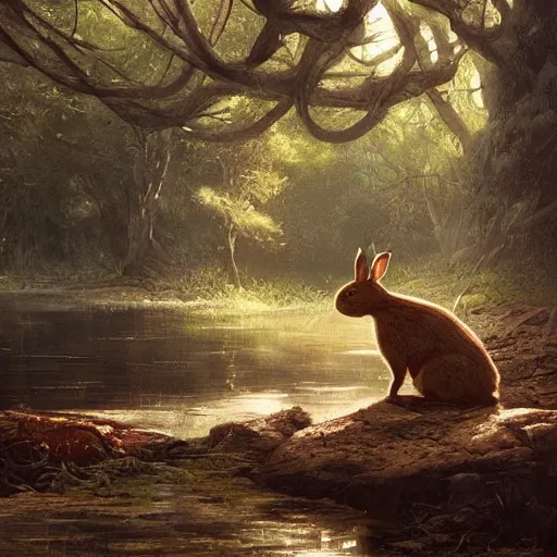 Image similar to a rabbit in the forest by a river, by stanley lau and greg rutkowski