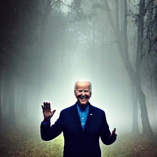 Image similar to joe biden with 4 arms standing ominously far in the foggy woods with a demonic wide smile in his face, iphone photo, creepy