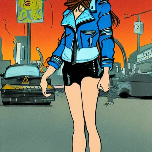 Image similar to young female protagonist in leather jacket, city street, artwork by ralph bakshi