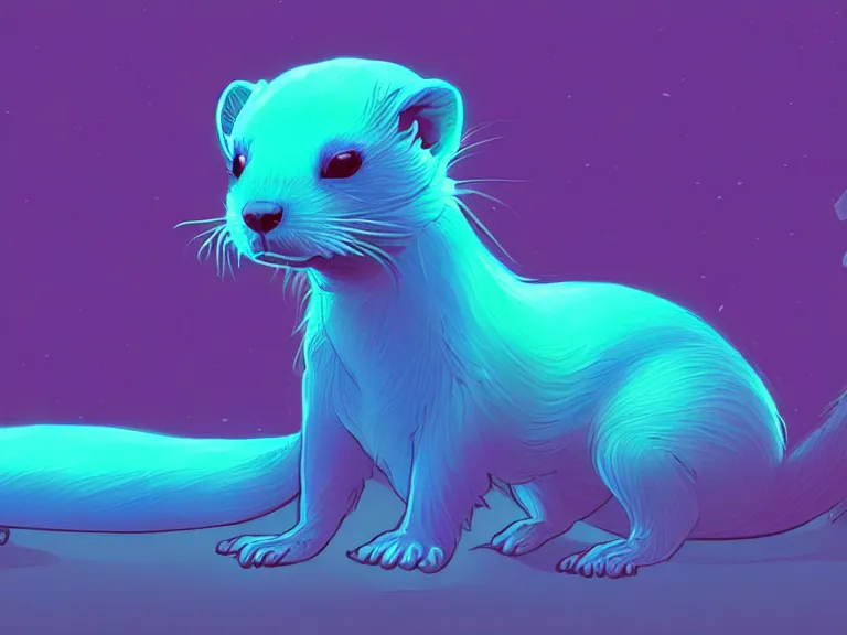 Prompt: a bioluminescent ferret, in a cyberpunk park, 8 k, digital painting, stylized, electric blue gradient, warm color scheme, dynamic lighting, octane, trending on artstation