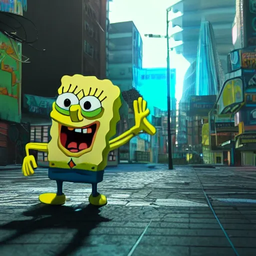 Prompt: 3 d render of spongebob in a cyberpunk city, octane 3 d render