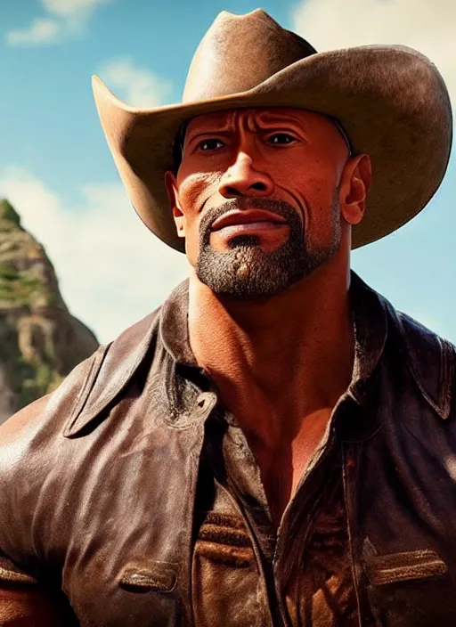 Image similar to an film still of dwayne johnson as cowboy with beard, western background, unreal engine. amazing likeness. very detailed.