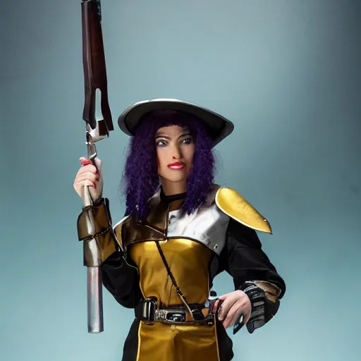 Image similar to photo of a futuristic female musketeer