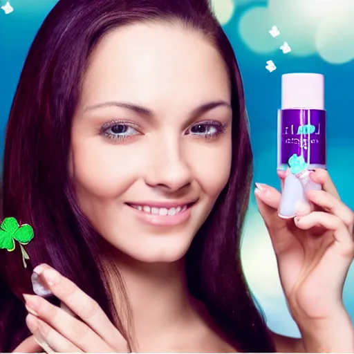 Prompt: “Woman advertising a lotion made by a brand called ‘Elation’ with a three-leaf clover logo, smart, beautiful, realistic, magnificent”