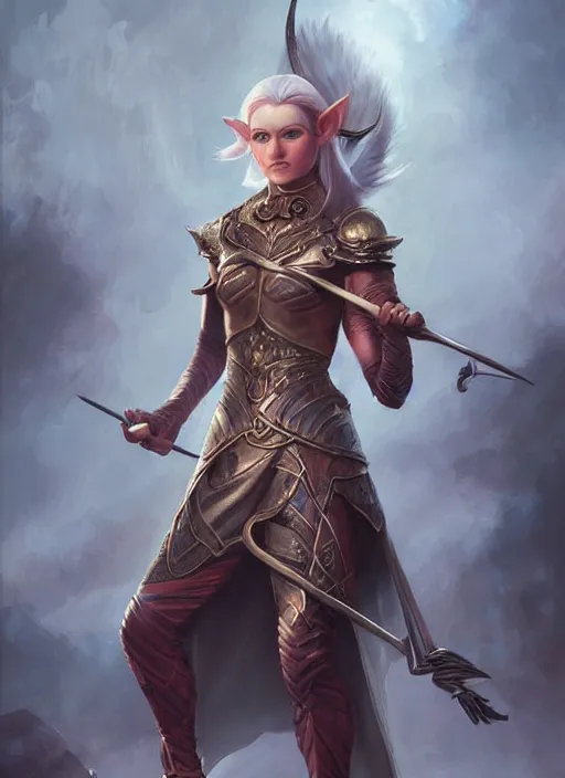 Image similar to female elf with two swords in her hands, painted by artgerm and tom bagshaw, fantasy art, dramatic lighting, highly detailed oil painting