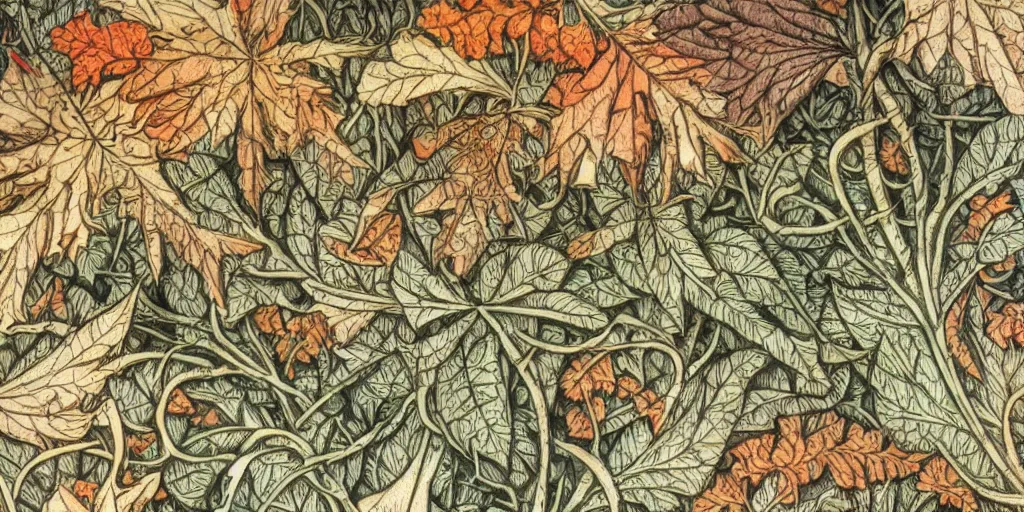 Image similar to breathtaking detailed concept art painting of goddesses of autumn, vintage illustration pattern with bizarre compositions blend of plants and stems and leaves by william morris, exquisite detail, extremely moody lighting, 8 k